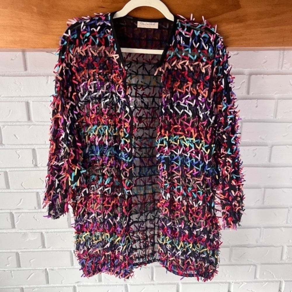 VINTAGE Oscar de la Renta RARE 80s Sheer Black Bow Jacket Cardigan, Large - Picture 3 of 15
